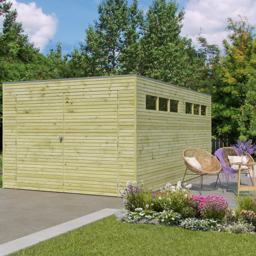 Garage Qube 15,3m² en bois traité autoclave + fenêtre – Gardenas