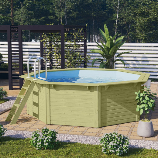 Piscine octogonale en bois Ø400xH111cm liner bleu Pool X1 - Karibu