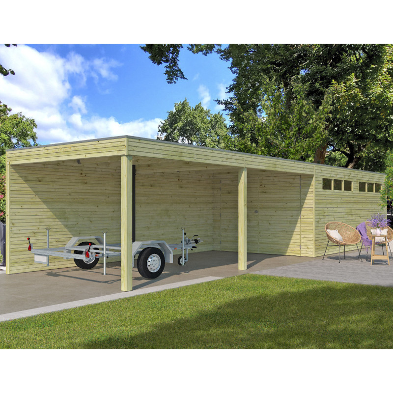 Garage Qube 15,3m² + extension 600cm en bois traité autoclave + fenêtre – Gardenas