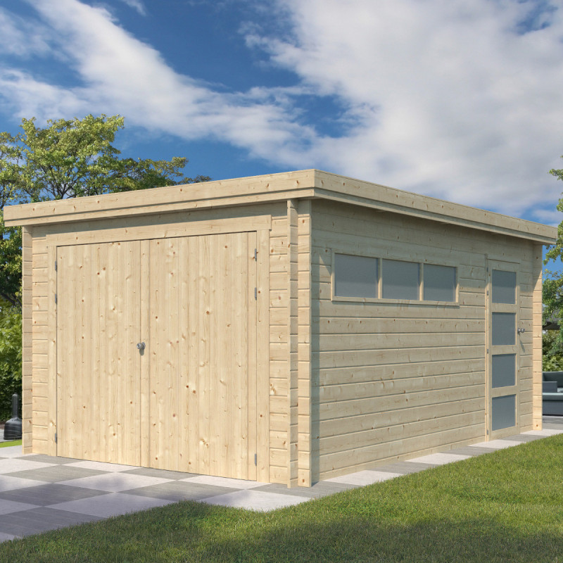 Garage Oregon 16,41m² en bois massif 28mm avec emboitement 3D + 2 portes et fenêtre – Gardenas