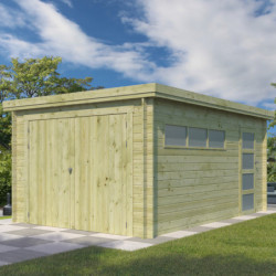 Garage Oregon 16,41m² en bois traité 28mm avec emboitement 3D + 2 portes et fenêtre – Gardenas