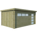 Garage Oregon 16,41m² en bois traité 28mm avec emboitement 3D + 2 portes et fenêtre – Gardenas