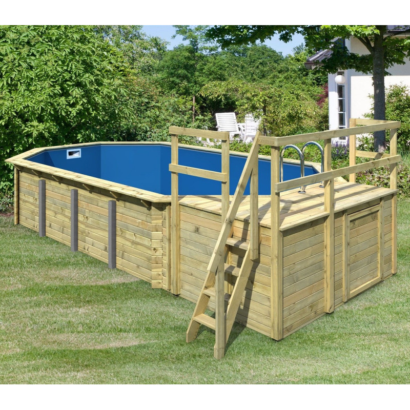 Piscine octogonale allongée en bois L700cm liner bleu terrasse L261,5cm Pool 5 Variante C - Karibu