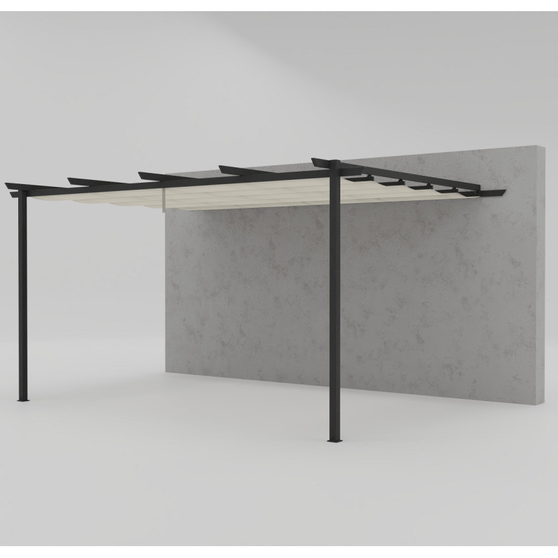 Pergola adossée en aluminium gris anthracite 400x300cm avec toile d'ombrage beige 250gr/m² LIBROS - Essency