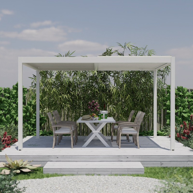 Pergola bioclimatique en aluminium blanc 300x300cm avec lames blanches TORINAS - Essency