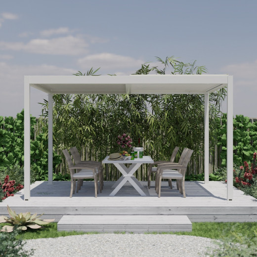Pergola bioclimatique en aluminium blanc 300x300cm avec lames blanches TORINAS - Essency