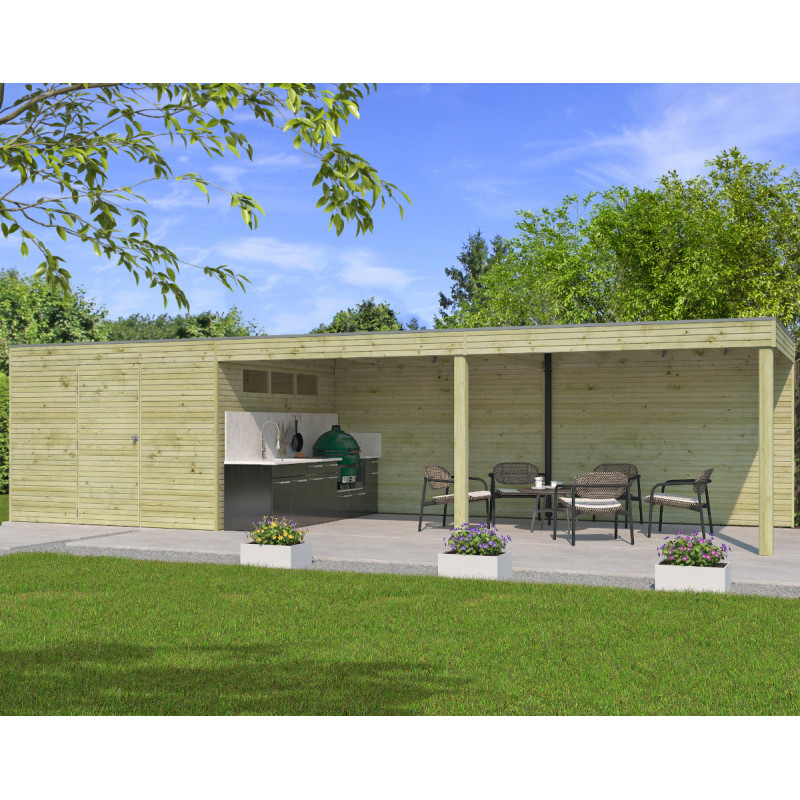 Abri Qube + extension 27m² en bois traité autoclave 27mm – Gardenas