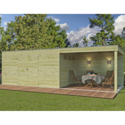 Abri Qube + extension 21,6m² en bois traité autoclave 27mm – Gardenas
