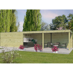 Abri Qube + extension 30,6m² en bois traité autoclave 27mm – Gardenas