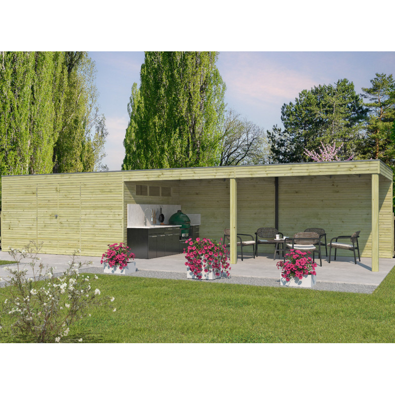 Abri Qube + extension 30,6m² en bois traité autoclave 27mm – Gardenas