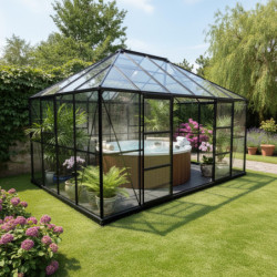 Serre de jardin Duchesse 12m² en aluminium laqué noir et verre trempé 4mm - Green Protect