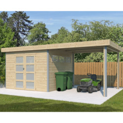 Abri Kasuko S 8,7m² + extension 285cm en bois massif 28mm avec profils de coins en aluminium + porte et fenêtre – Gardenas