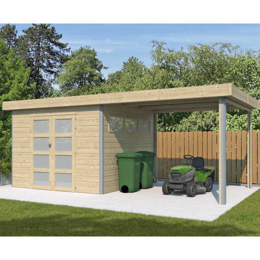 Abri Kasuko S 8,7m² + extension 285cm en bois massif 28mm avec profils de coins en aluminium + porte et fenêtre – Gardenas