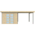 Abri Kasuko S 8,7m² + extension 285cm en bois massif 28mm avec profils de coins en aluminium + porte et fenêtre – Gardenas
