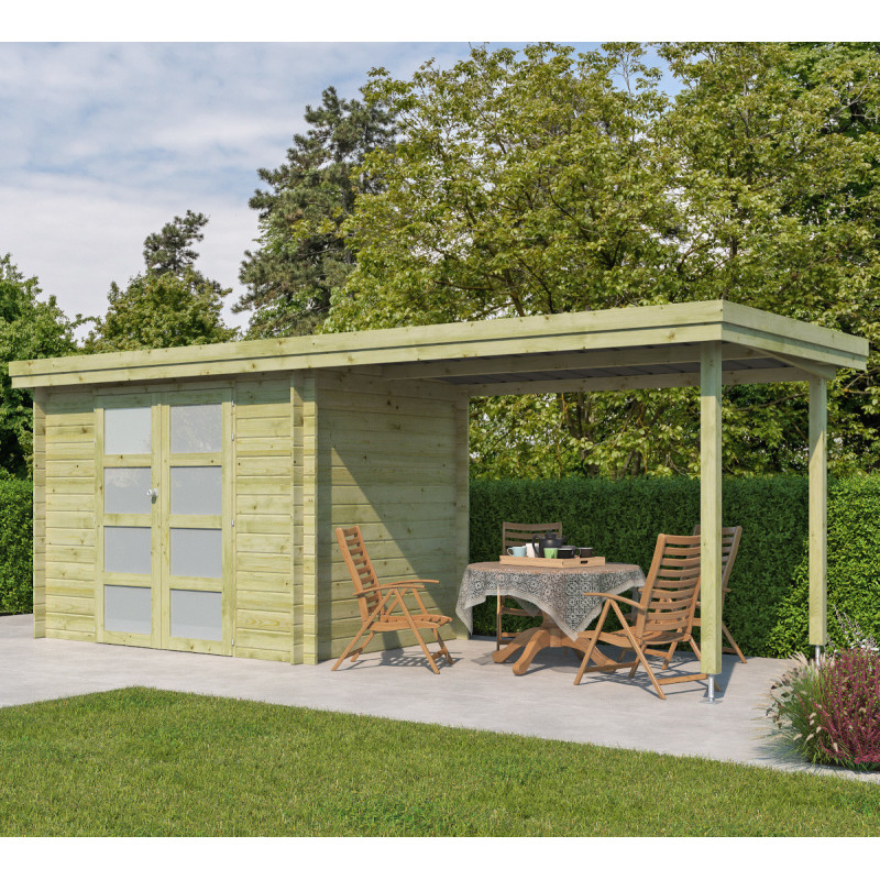 Chalet moderne Oregon 6,86m² + extension 300cm en bois traité 28mm avec porte double vitrée - Gardenas