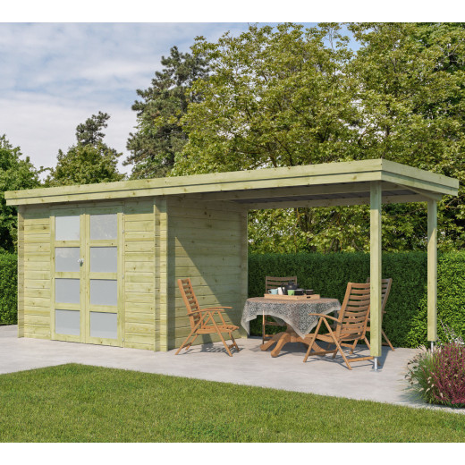 Chalet moderne Oregon 6,86m² + extension 300cm en bois traité 28mm avec porte double vitrée - Gardenas