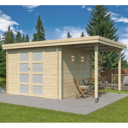 Chalet moderne Oregon 9,6m² + extension 150cm en bois massif 28mm avec porte double vitrée - Gardenas