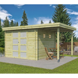 Chalet moderne Oregon 9,6m² + extension 150cm en bois traité 28mm avec porte double vitrée - Gardenas