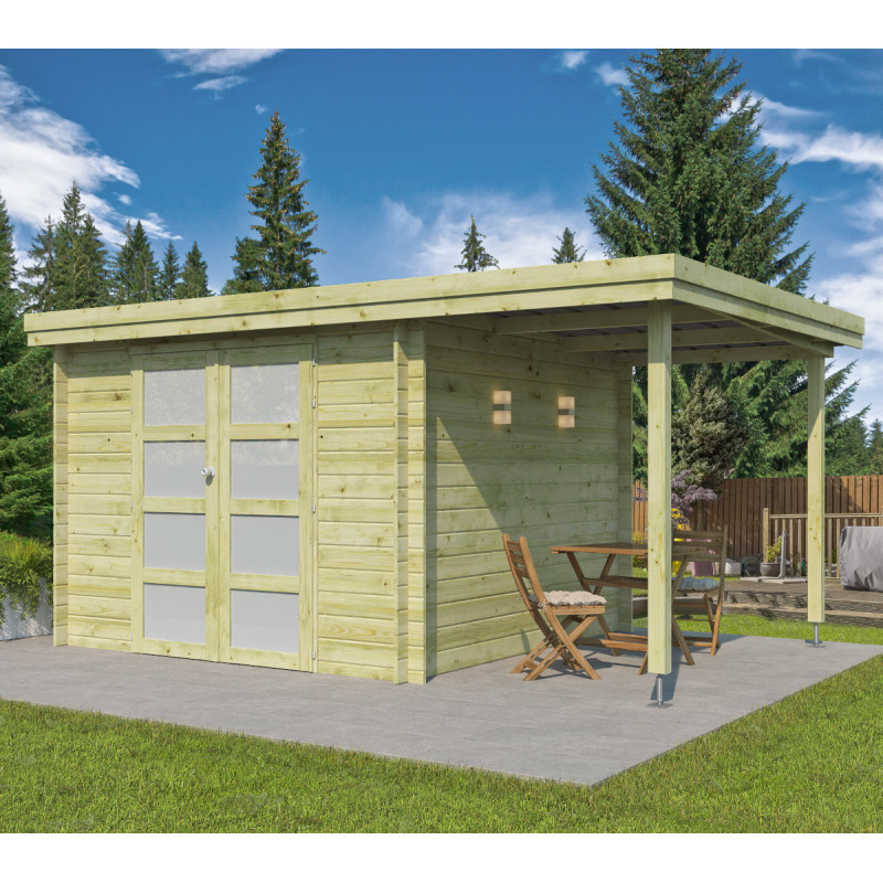 Chalet moderne Oregon 9,6m² + extension 150cm en bois traité 28mm avec porte double vitrée - Gardenas