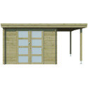 Chalet moderne Oregon 9,6m² + extension 150cm en bois traité 28mm avec porte double vitrée - Gardenas