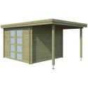 Chalet moderne Oregon 9,6m² + extension 150cm en bois traité 28mm avec porte double vitrée - Gardenas