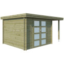 Chalet moderne Oregon 9,6m² + extension 150cm en bois traité 28mm avec porte double vitrée - Gardenas
