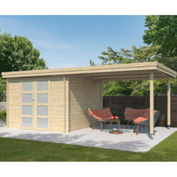 Chalet moderne Oregon 9,6m² + extension 300cm en bois massif 28mm avec porte double vitrée - Gardenas