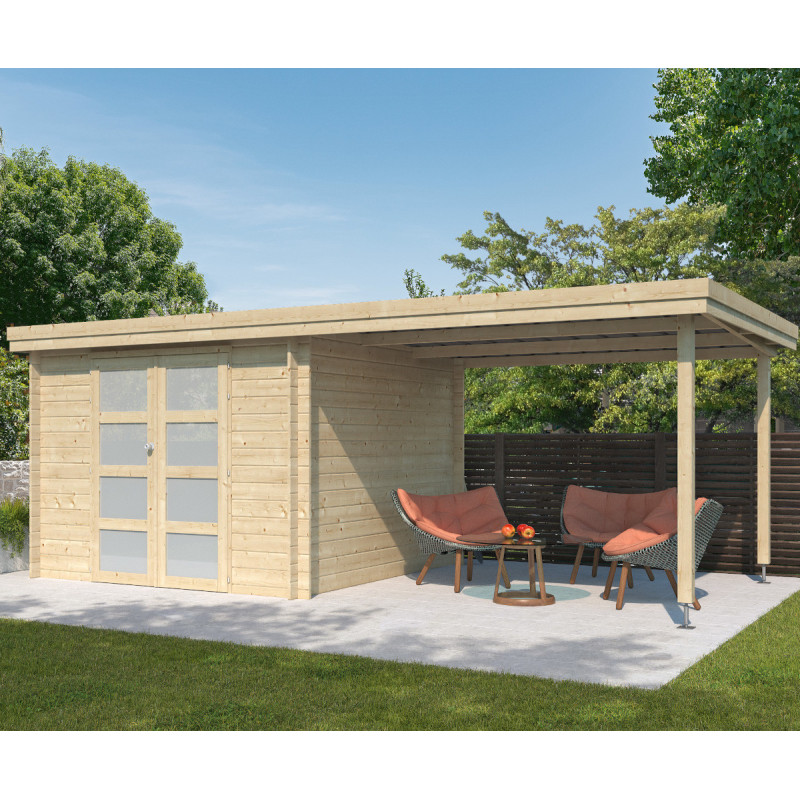 Chalet moderne Oregon 9,6m² + extension 300cm en bois massif 28mm avec porte double vitrée - Gardenas