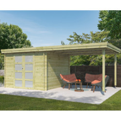 Chalet moderne Oregon 9,6m² + extension 300cm en bois traité 28mm avec porte double vitrée - Gardenas