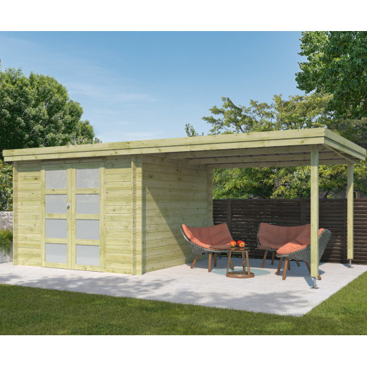 Chalet moderne Oregon 9,6m² + extension 300cm en bois traité 28mm avec porte double vitrée - Gardenas
