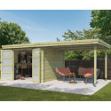 Chalet moderne Oregon 9,6m² + extension 300cm en bois traité 28mm avec porte double vitrée - Gardenas