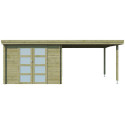 Chalet moderne Oregon 9,6m² + extension 300cm en bois traité 28mm avec porte double vitrée - Gardenas