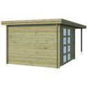 Chalet moderne Oregon 9,6m² + extension 300cm en bois traité 28mm avec porte double vitrée - Gardenas