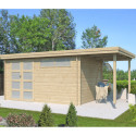Chalet moderne Oregon 13,51m² + extension 150cm en bois massif 28mm avec porte double vitrée+fenêtre - Gardenas