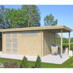 Chalet moderne Oregon 13,51m² + extension 150cm en bois massif 28mm avec porte double vitrée+fenêtre - Gardenas