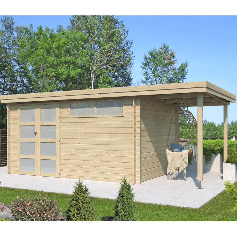 Chalet moderne Oregon 13,51m² + extension 150cm en bois massif 28mm avec porte double vitrée+fenêtre - Gardenas