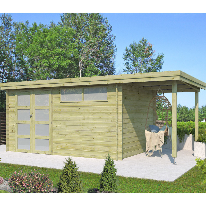 Chalet moderne Oregon 13,51m² + extension 150cm en bois traité 28mm avec porte double vitrée+fenêtre - Gardenas