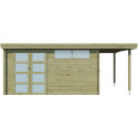 Chalet moderne Oregon 13,51m² + extension 150cm en bois traité 28mm avec porte double vitrée+fenêtre - Gardenas