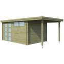 Chalet moderne Oregon 13,51m² + extension 150cm en bois traité 28mm avec porte double vitrée+fenêtre - Gardenas