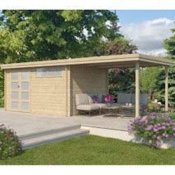 Chalet moderne Oregon 13,51m² + extension 300cm en bois massif 28mm avec porte double vitrée+fenêtre - Gardenas