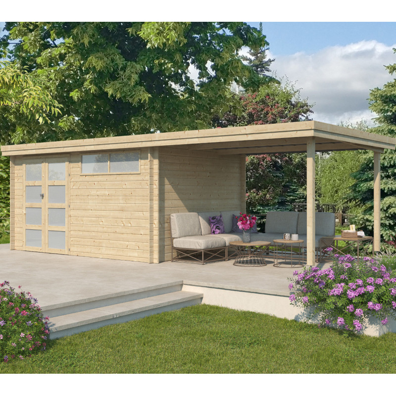 Chalet moderne Oregon 13,51m² + extension 300cm en bois massif 28mm avec porte double vitrée+fenêtre - Gardenas