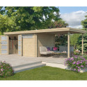 Chalet moderne Oregon 13,51m² + extension 300cm en bois massif 28mm avec porte double vitrée+fenêtre - Gardenas