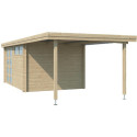 Chalet moderne Oregon 13,51m² + extension 300cm en bois massif 28mm avec porte double vitrée+fenêtre - Gardenas