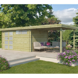 Chalet moderne Oregon 13,51m²+ extension 300cm en bois traité 28mm avec porte double vitrée+fenêtre - Gardenas