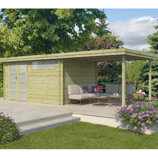 Chalet moderne Oregon 13,51m²+ extension 300cm en bois traité 28mm avec porte double vitrée+fenêtre - Gardenas