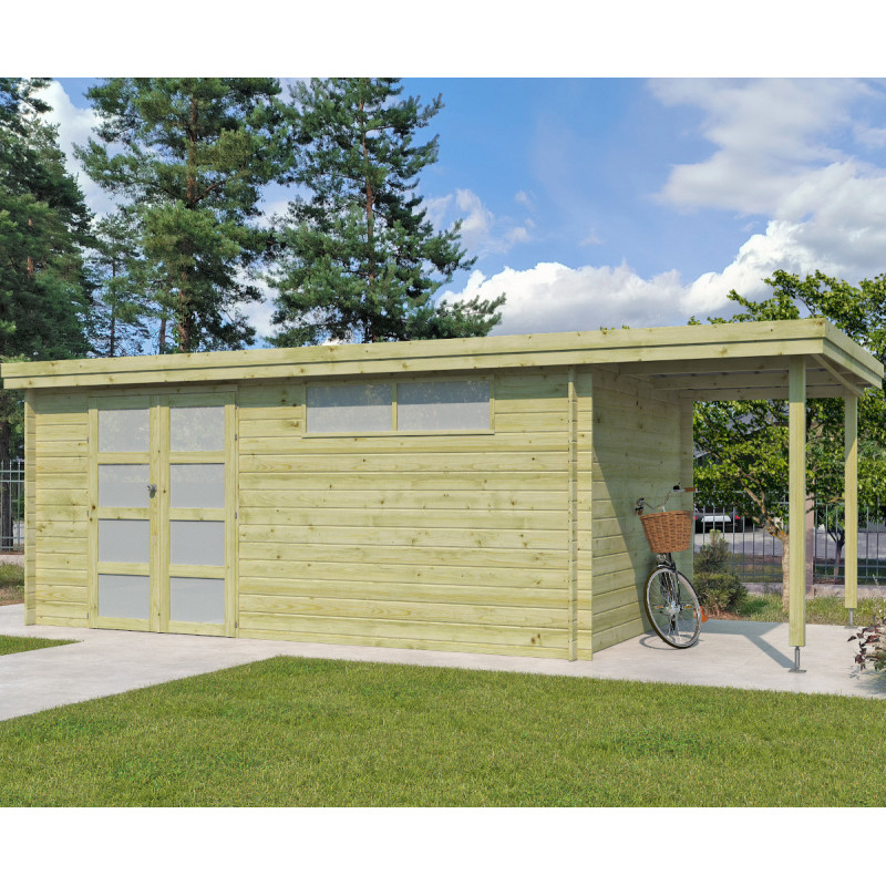 Chalet moderne Oregon 16,4m² + extension 150cm en bois traité 28mm avec porte double vitrée+fenêtre - Gardenas