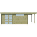 Chalet moderne Oregon 16,4m² + extension 150cm en bois traité 28mm avec porte double vitrée+fenêtre - Gardenas