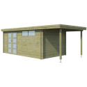Chalet moderne Oregon 16,4m² + extension 150cm en bois traité 28mm avec porte double vitrée+fenêtre - Gardenas