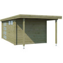 Chalet moderne Oregon 16,4m² + extension 150cm en bois traité 28mm avec porte double vitrée+fenêtre - Gardenas