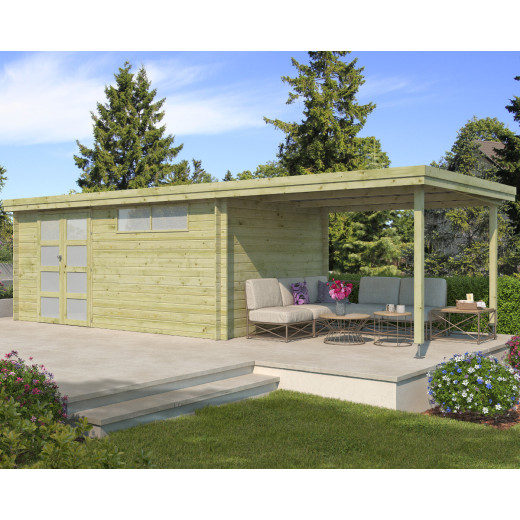 Chalet moderne Oregon 16,4m² + extension 300cm en bois traité 28mm avec porte double vitrée+fenêtre - Gardenas